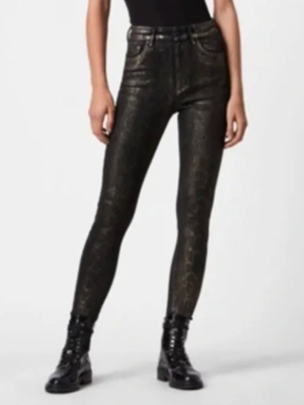 All Saints Miller Skinny Pants Metallic Snake Print High Waisted Size 26 Women's